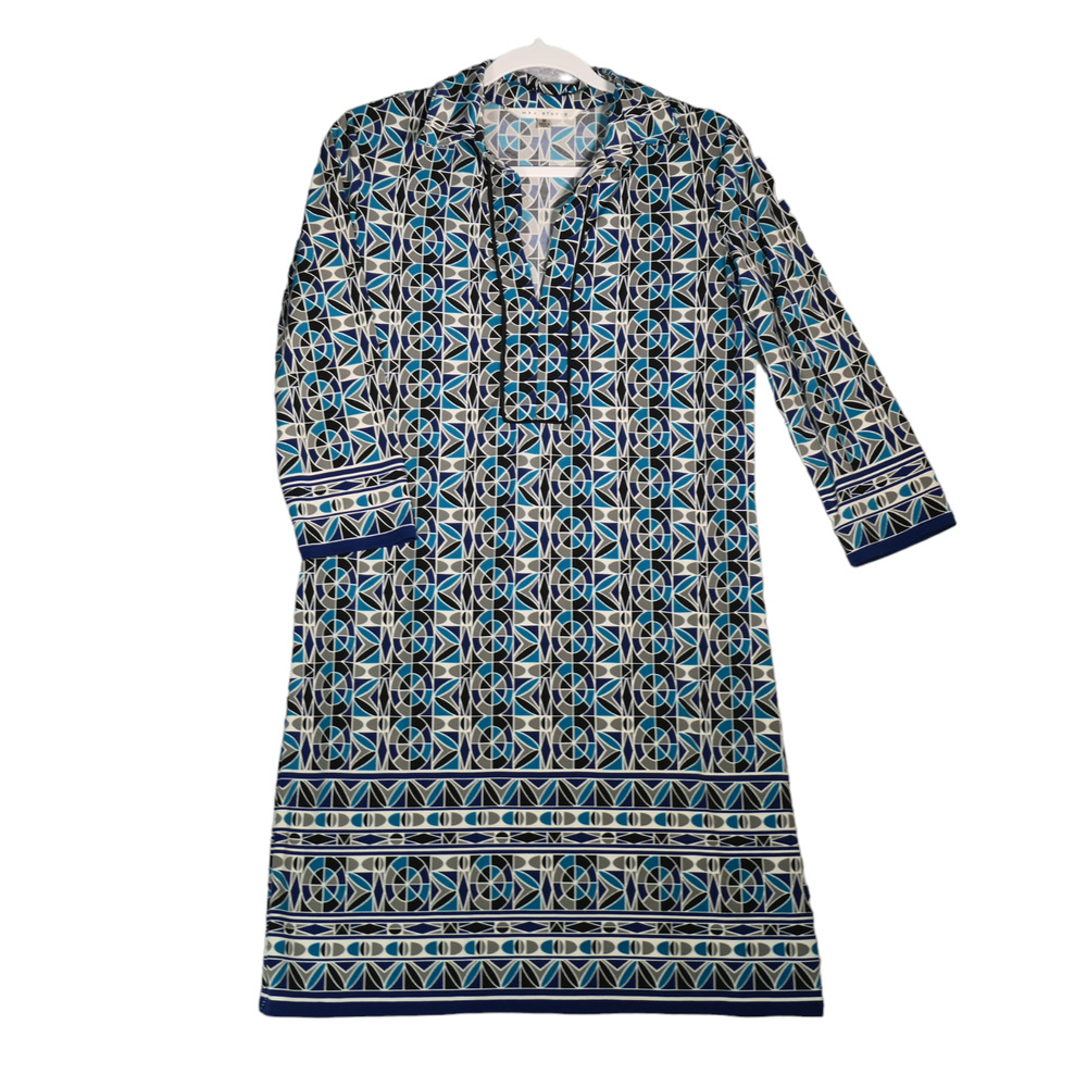 Max Studio Sheath Dress Womens Medium Blue Geometric Stretch Retro Circles Boho